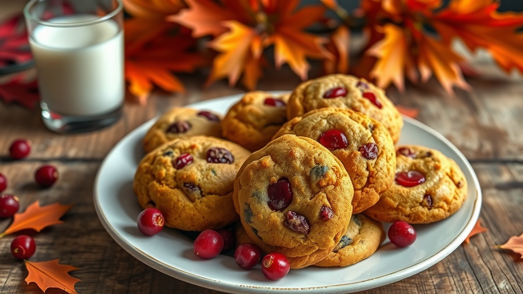 Spiced Pumpkin Cookies with Cranberries Recipe A plate of spiced pumpkin cookies with cranberries and a glass of milk on a rustic table.